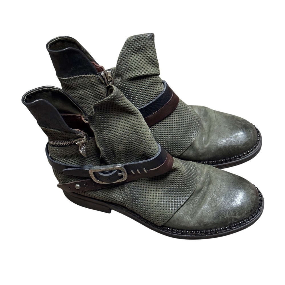 A.S.98 Airstep leather biker ankle boots Green Perforated Buckle Strap Womens